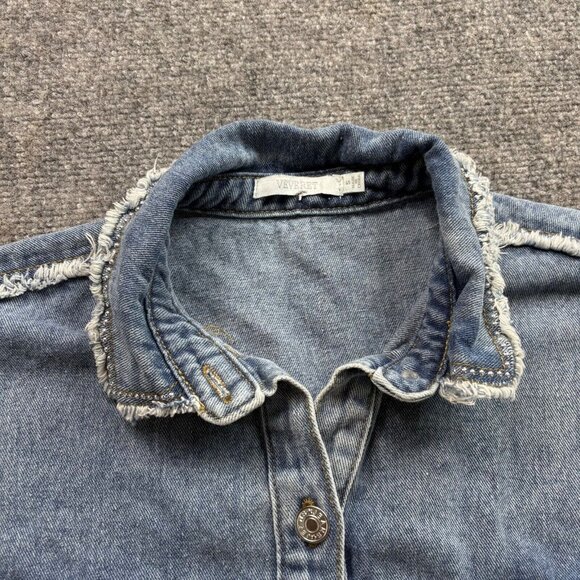 VTG Veveret Shirt Shaket Womens S Blue Demin Frayed Edges‎ Silver Studded Y2K - Picture 2 of 16